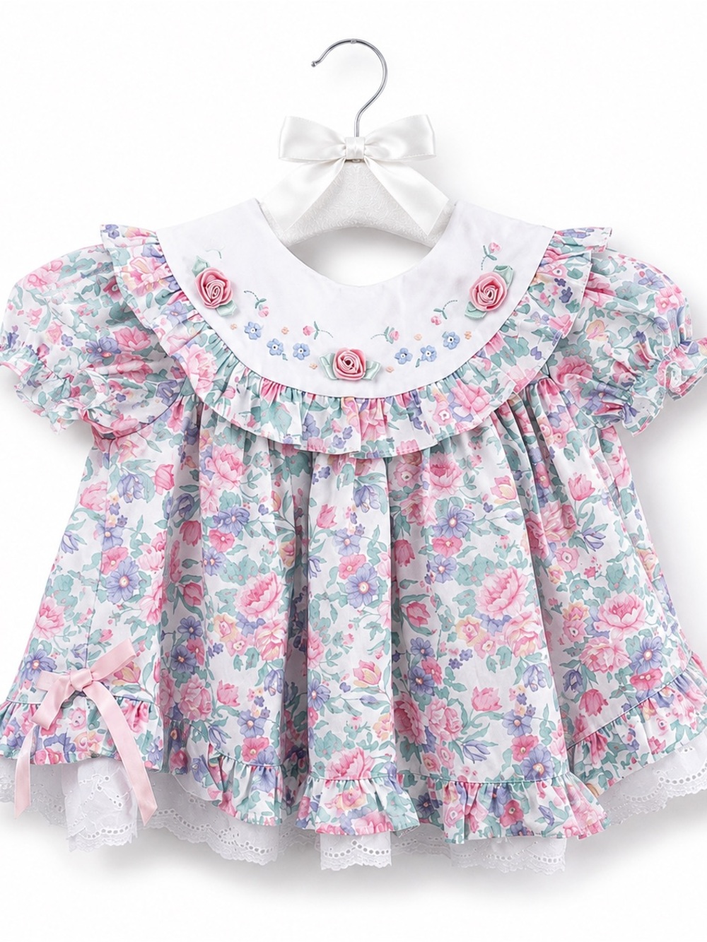 Vintage Girls Heirloom Floral Dress Ribbon Roses Eyelet Lace Easter Portrait